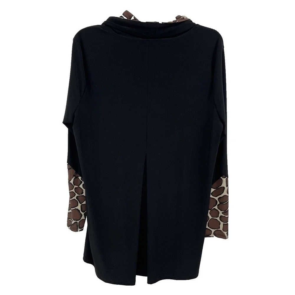 Ali Miles Tunic Top Size L Black Giraffe Print Cowl Neck Rivets